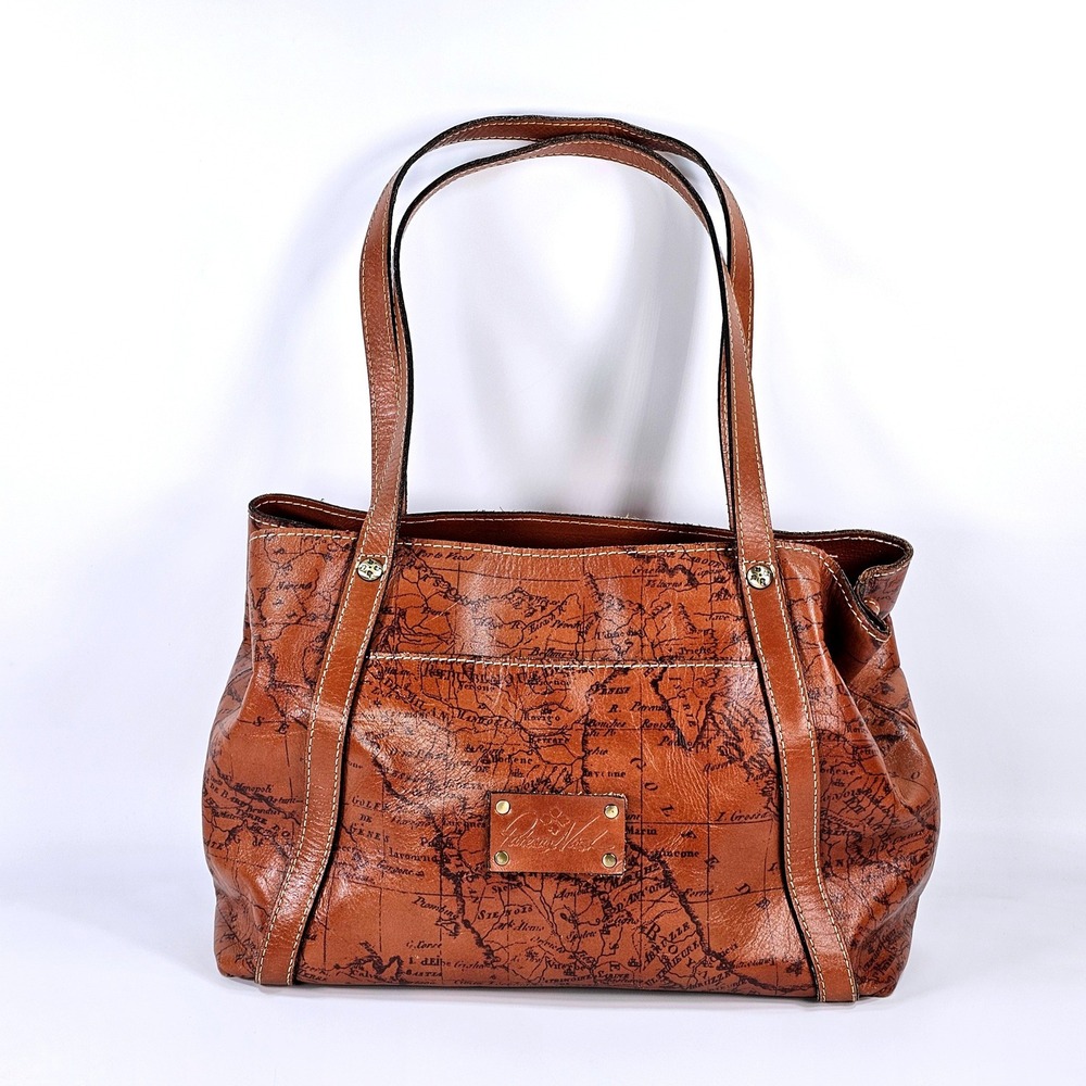 Patricia Nash Leather Tote Bag Brown Vintage Map Print Shoulder Bag Handbag